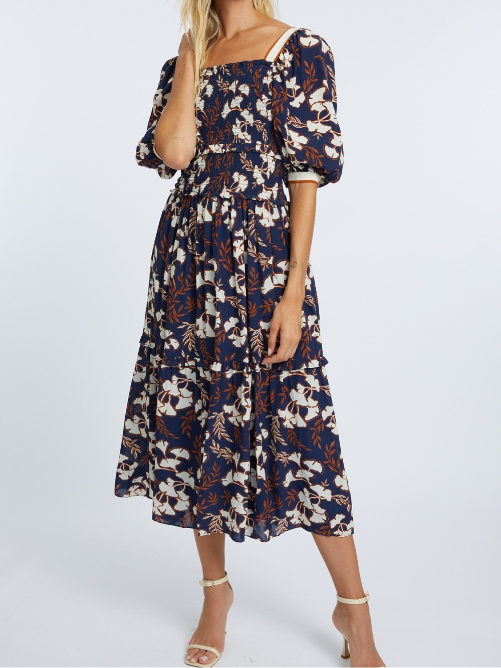 Caballero Oceane Dress Floral Smocked Midi Puff Sleeve Navy Ivory